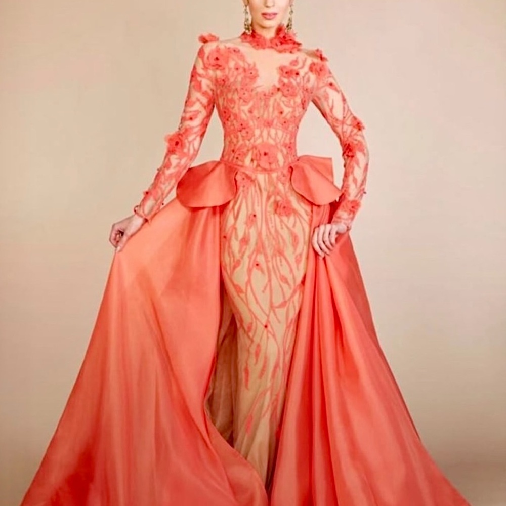 Orange Long Sleeve Bishop Sleeve Gown for Bride